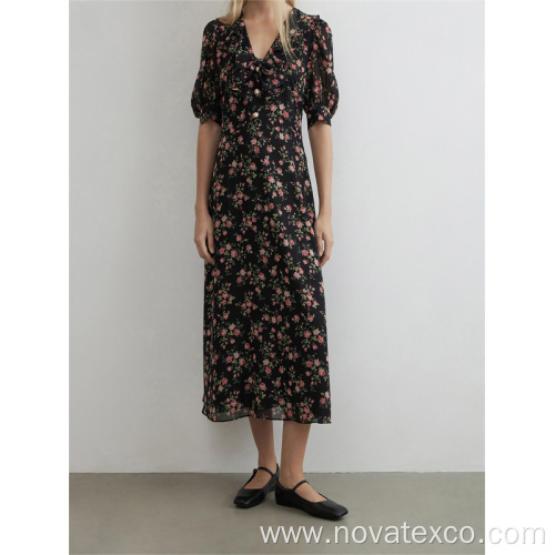 V-Neck Floral Polyester Bubble Sleeved Long Skirt